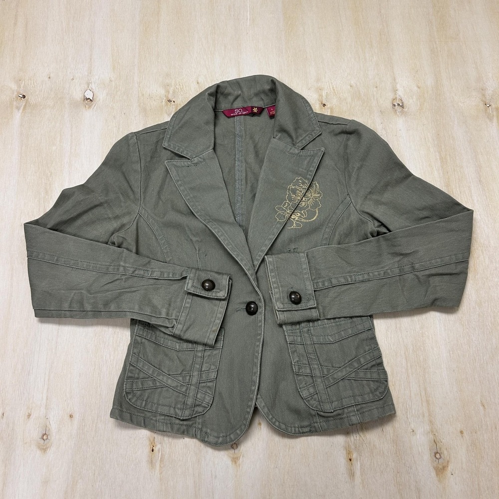 Vintage Y2K SO Blazer Jacket Womens Small Green Twill Floral Embroidered Pockets